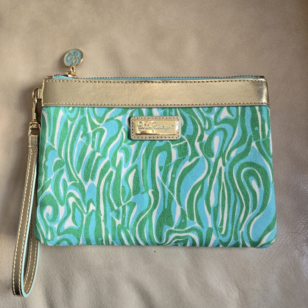 Lilly Pulitzer Wristlet Blue Green White Bag Pouch Wanderlust Finder Keeper